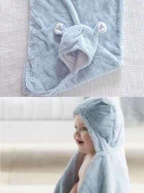 Pottery Barn Kids Faux Fur Bear Baby Hooded Bath Towel Wrap Blue Plush Nursery